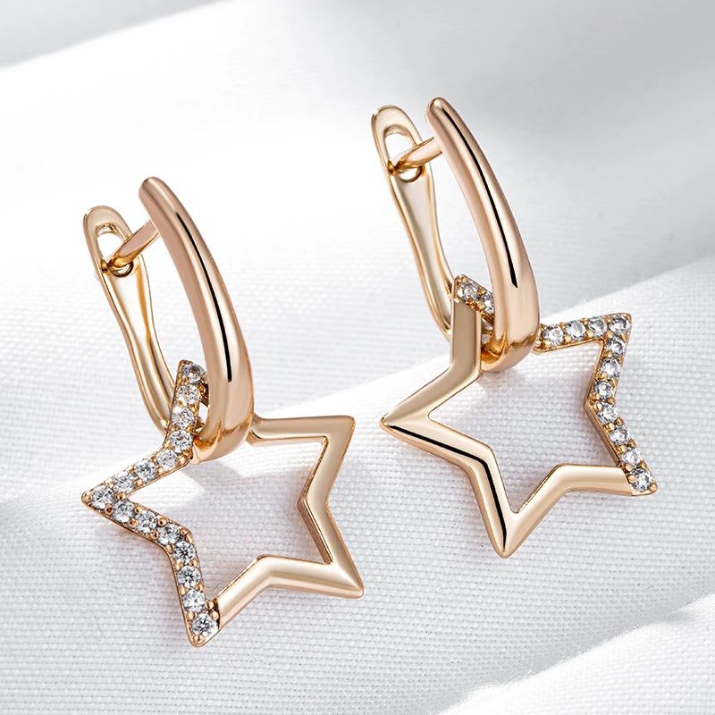 Glamorous 585 Gold Star Dangle Earrings Adorned with Natural Zircon