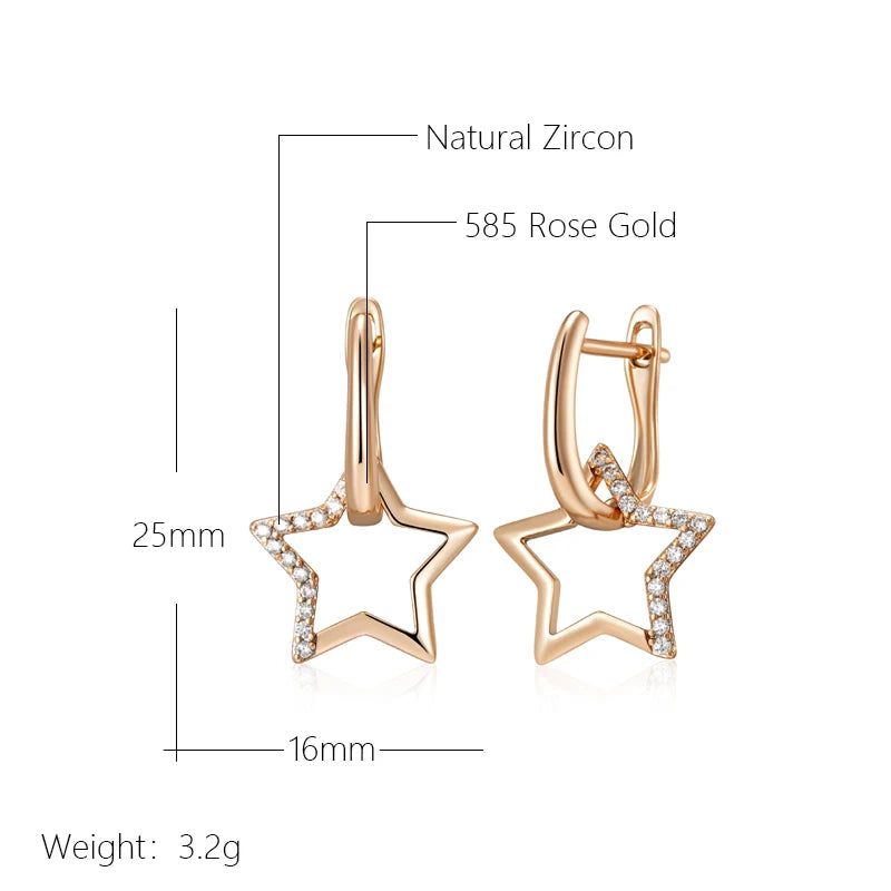 Glamorous 585 Gold Star Dangle Earrings Adorned with Natural Zircon