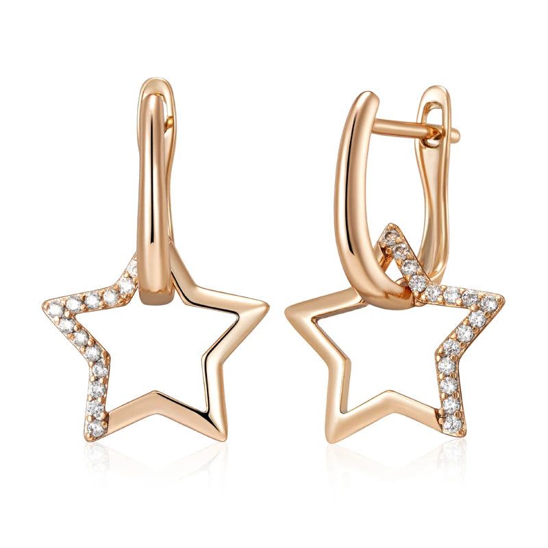 Glamorous 585 Gold Star Dangle Earrings Adorned with Natural Zircon