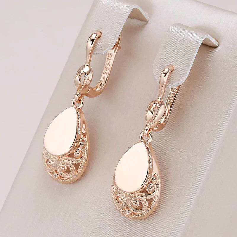 Glamorous 585 Rose Gold Water-Inspired Drop Earrings with Glossy Finish