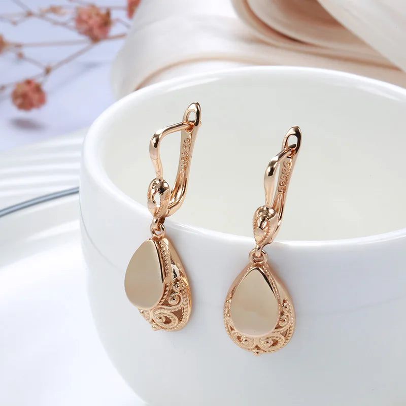 Glamorous 585 Rose Gold Water-Inspired Drop Earrings with Glossy Finish