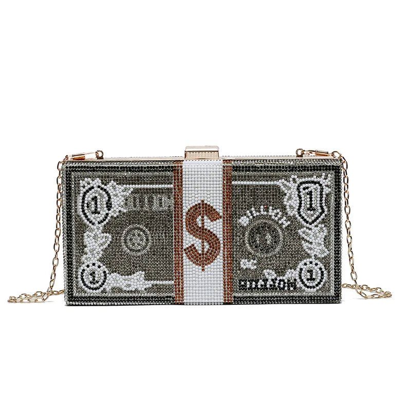 Glamorous Cash Stack Evening Clutch Handbag with Diamond Accents for Women