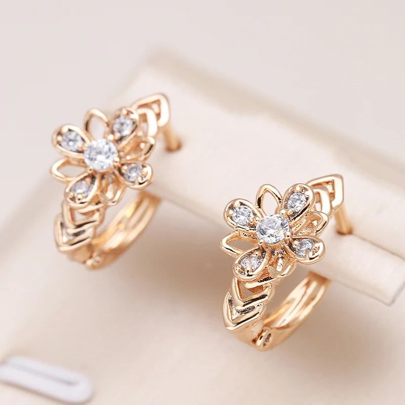 Glamorous Floral Cutout Rose Gold Earrings with Natural Zircon and Crystal Accents