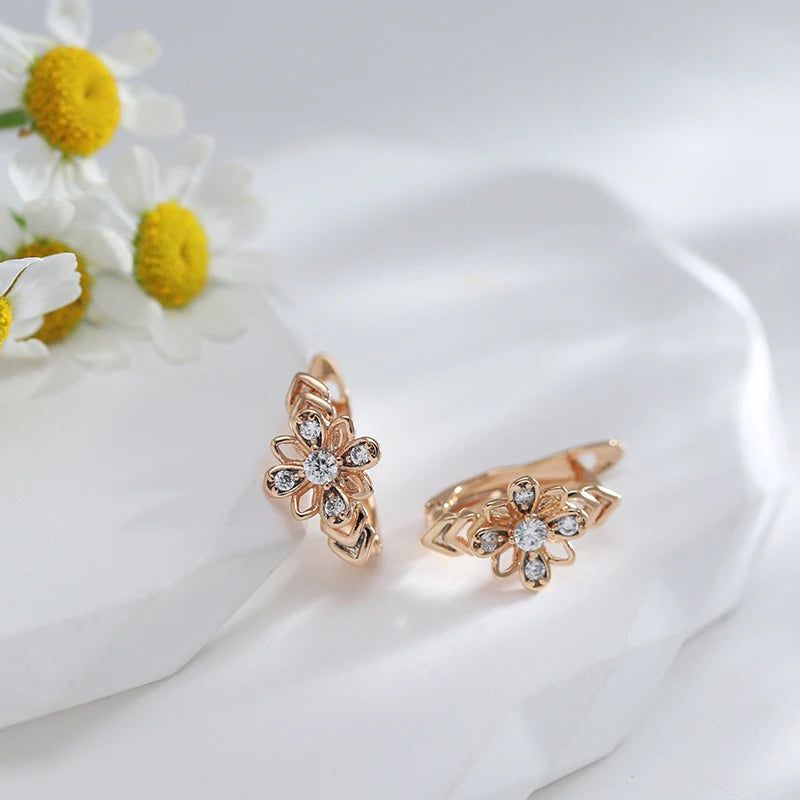 Glamorous Floral Cutout Rose Gold Earrings with Natural Zircon and Crystal Accents