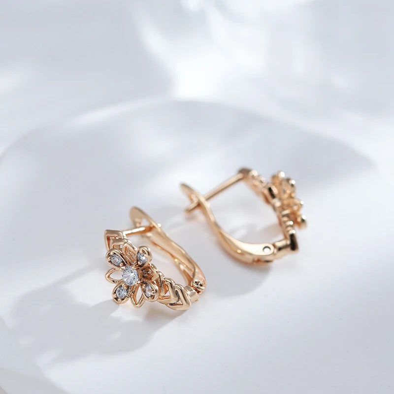 Glamorous Floral Cutout Rose Gold Earrings with Natural Zircon and Crystal Accents