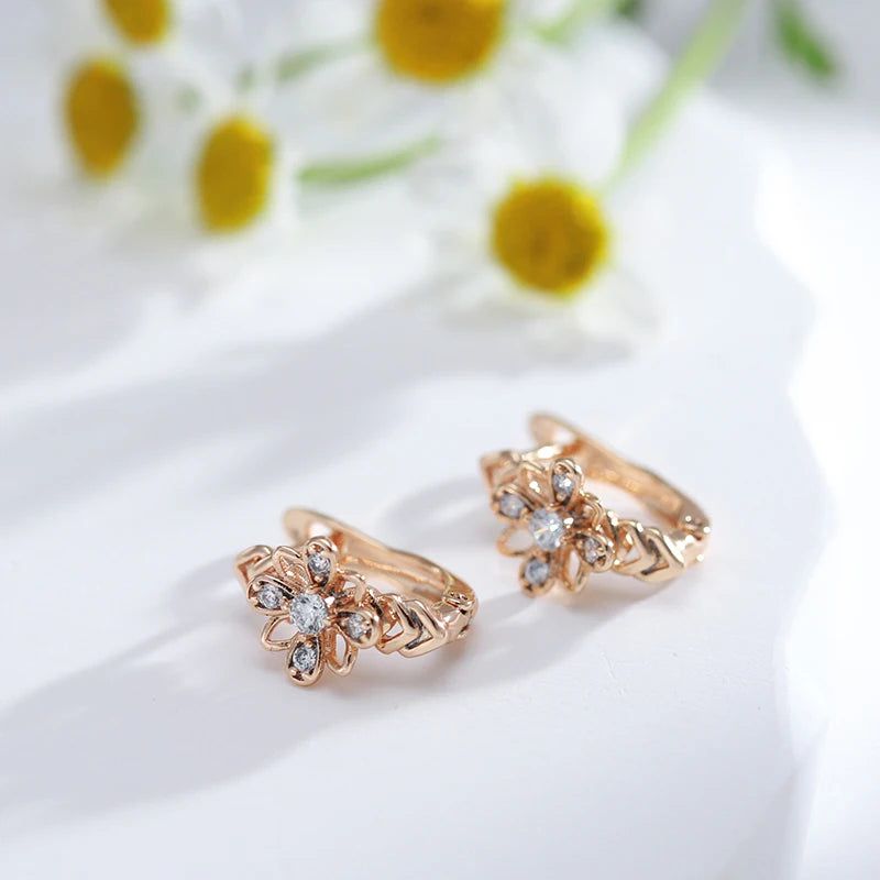 Glamorous Floral Cutout Rose Gold Earrings with Natural Zircon and Crystal Accents