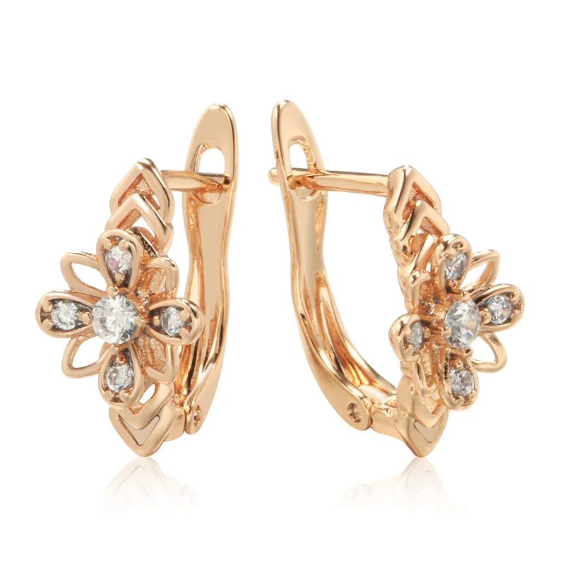 Glamorous Floral Cutout Rose Gold Earrings with Natural Zircon and Crystal Accents