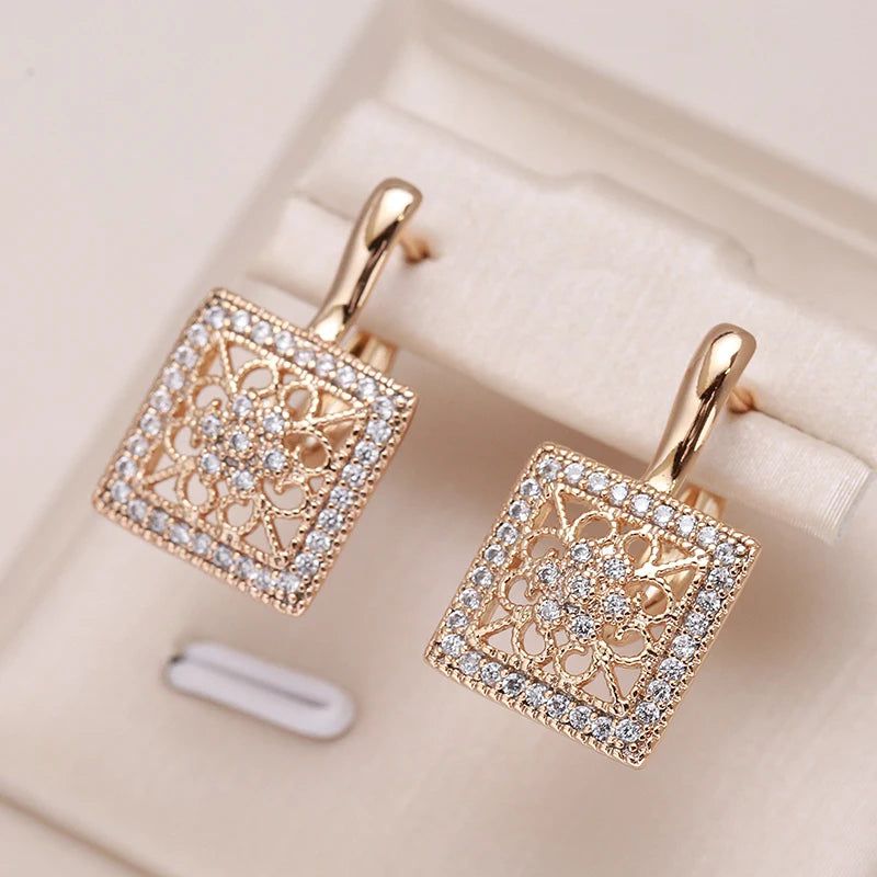 Glamorous Geometric Natural Zircon Drop Earrings in 585 Rose Gold with Unique Hollow Design