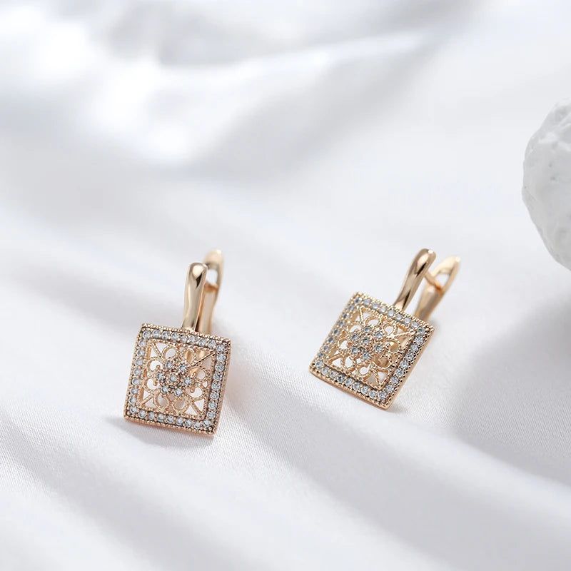 Glamorous Geometric Natural Zircon Drop Earrings in 585 Rose Gold with Unique Hollow Design