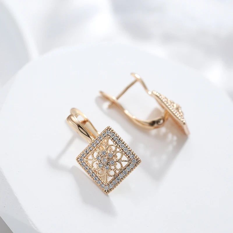 Glamorous Geometric Natural Zircon Drop Earrings in 585 Rose Gold with Unique Hollow Design