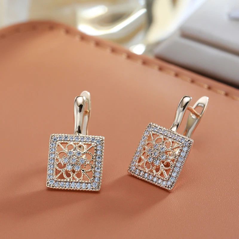 Glamorous Geometric Natural Zircon Drop Earrings in 585 Rose Gold with Unique Hollow Design