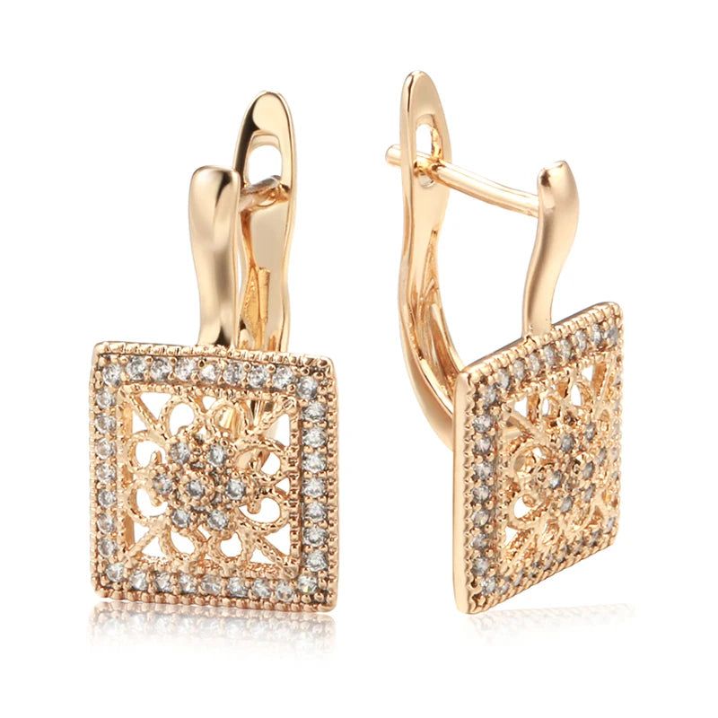 Glamorous Geometric Natural Zircon Drop Earrings in 585 Rose Gold with Unique Hollow Design