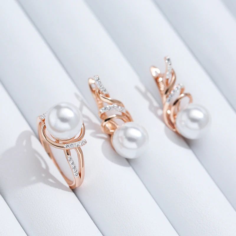 Glamorous Geometric Pearl Cocktail Ring in 585 Rose Gold and Silver with Natural Zircon