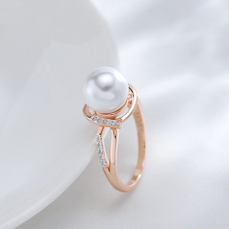 Glamorous Geometric Pearl Cocktail Ring in 585 Rose Gold and Silver with Natural Zircon