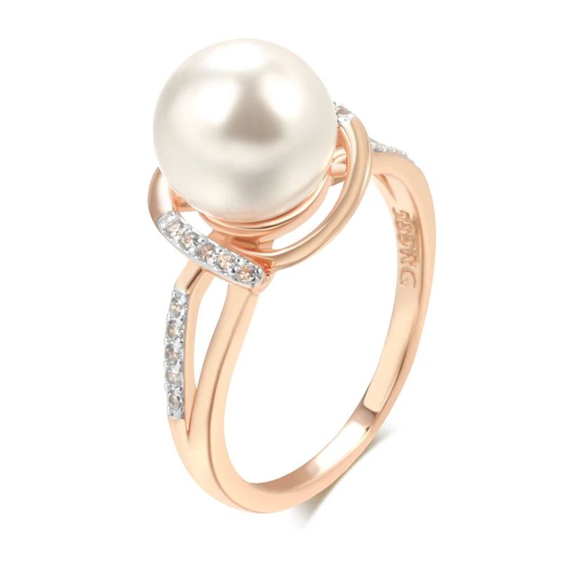 Glamorous Geometric Pearl Cocktail Ring in 585 Rose Gold and Silver with Natural Zircon