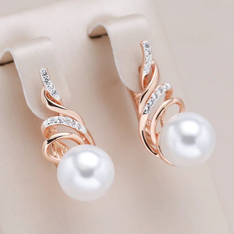 Glamorous Geometric Pearl Drop Earrings in 585 Rose Gold and Silver with Natural Zircon for Boho Charm