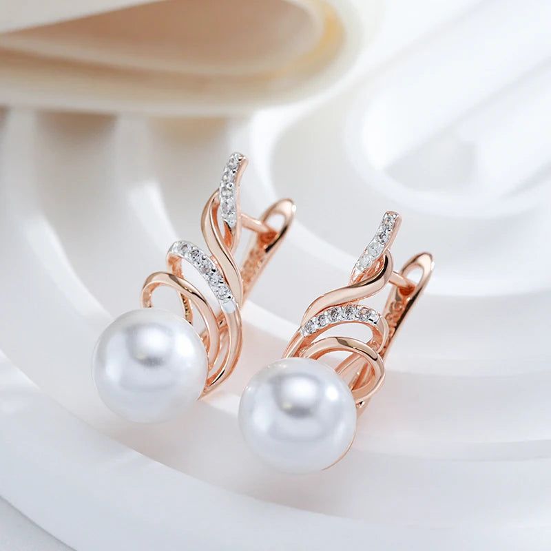 Glamorous Geometric Pearl Drop Earrings in 585 Rose Gold and Silver with Natural Zircon for Boho Charm