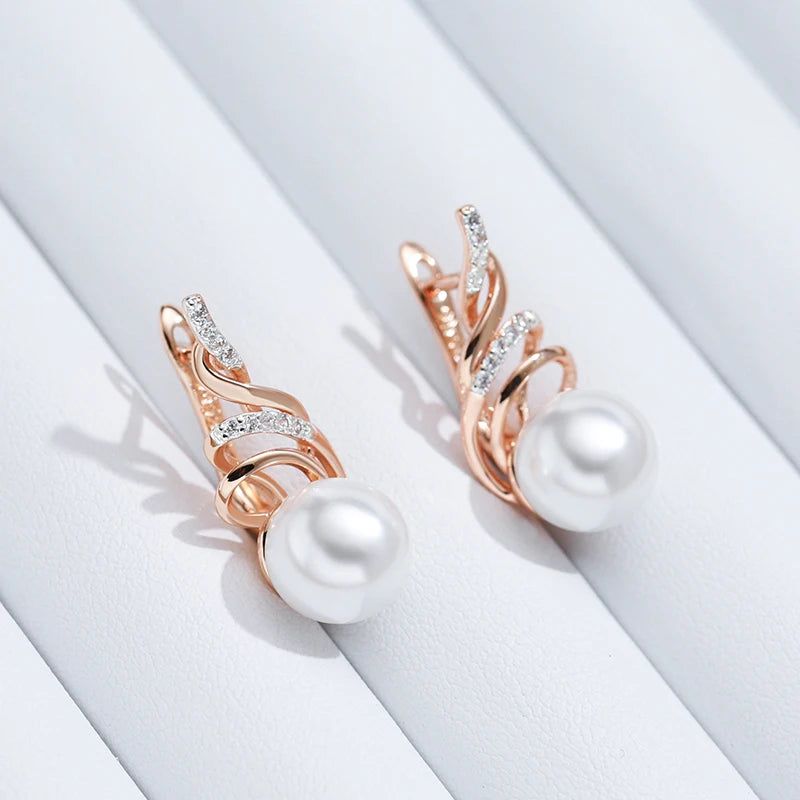 Glamorous Geometric Pearl Drop Earrings in 585 Rose Gold and Silver with Natural Zircon for Boho Charm