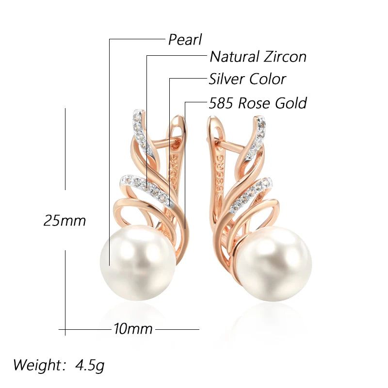 Glamorous Geometric Pearl Drop Earrings in 585 Rose Gold and Silver with Natural Zircon for Boho Charm