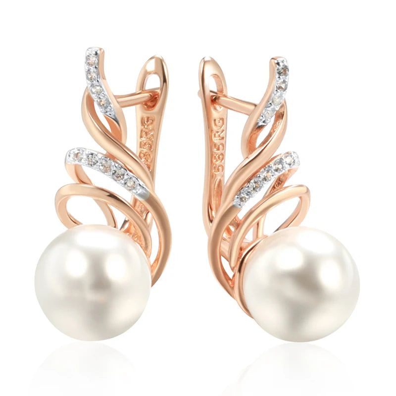 Glamorous Geometric Pearl Drop Earrings in 585 Rose Gold and Silver with Natural Zircon for Boho Charm