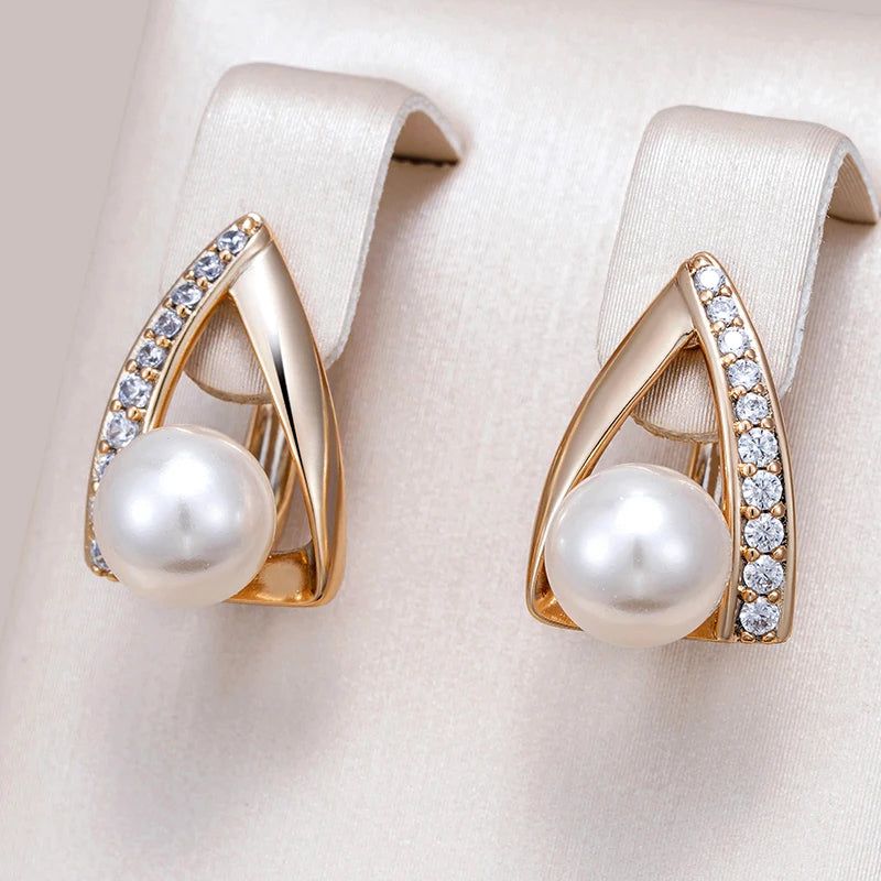 Glamorous Geometric Pearl Drop Earrings in 585 Rose Gold for Bridal Occasions 2024