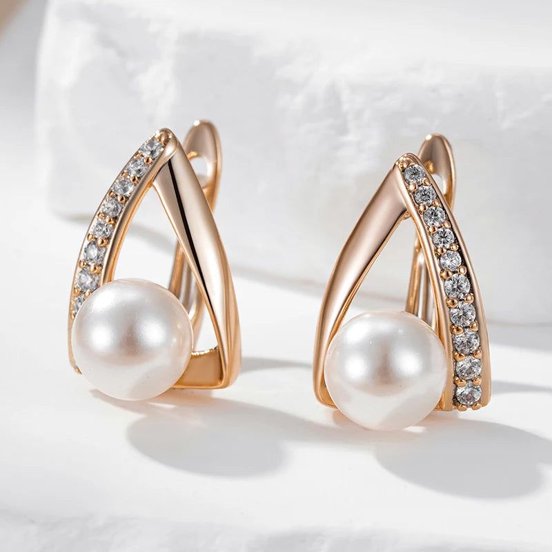 Glamorous Geometric Pearl Drop Earrings in 585 Rose Gold for Bridal Occasions 2024