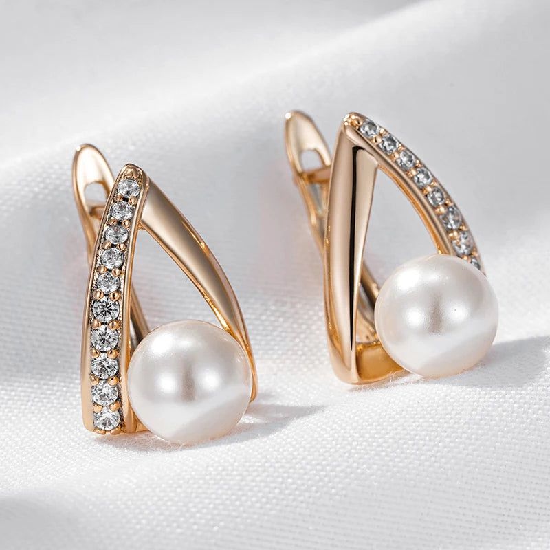 Glamorous Geometric Pearl Drop Earrings in 585 Rose Gold for Bridal Occasions 2024