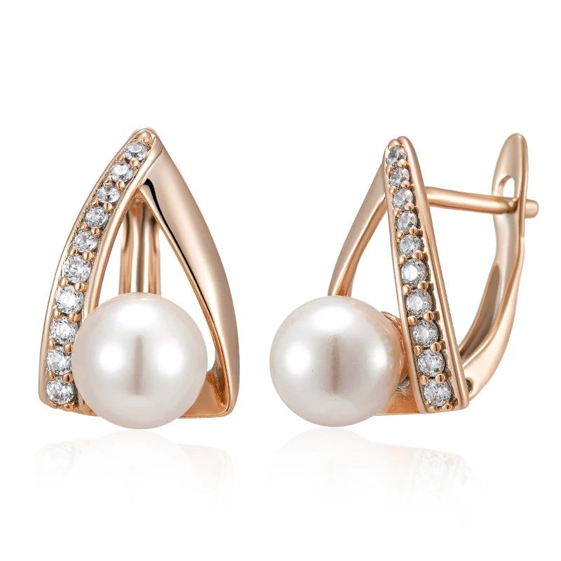 Glamorous Geometric Pearl Drop Earrings in 585 Rose Gold for Bridal Occasions 2024