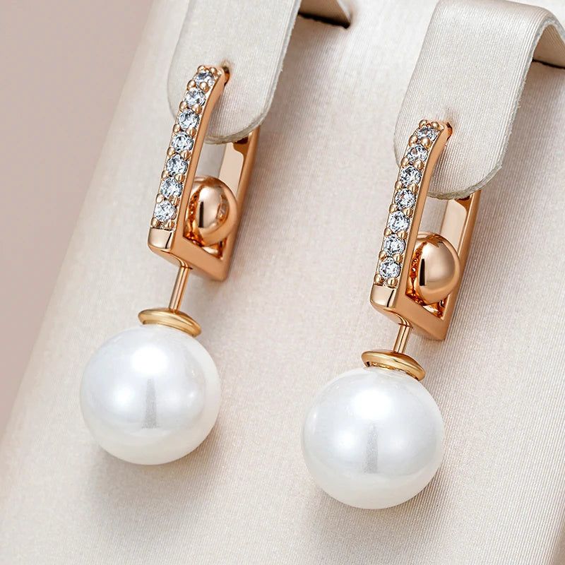 Glamorous Geometric Pearl Long Drop Earrings in Rose Gold with Natural Zircon