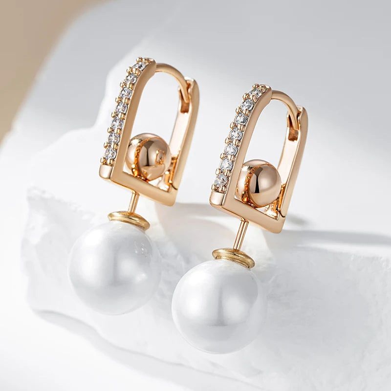 Glamorous Geometric Pearl Long Drop Earrings in Rose Gold with Natural Zircon