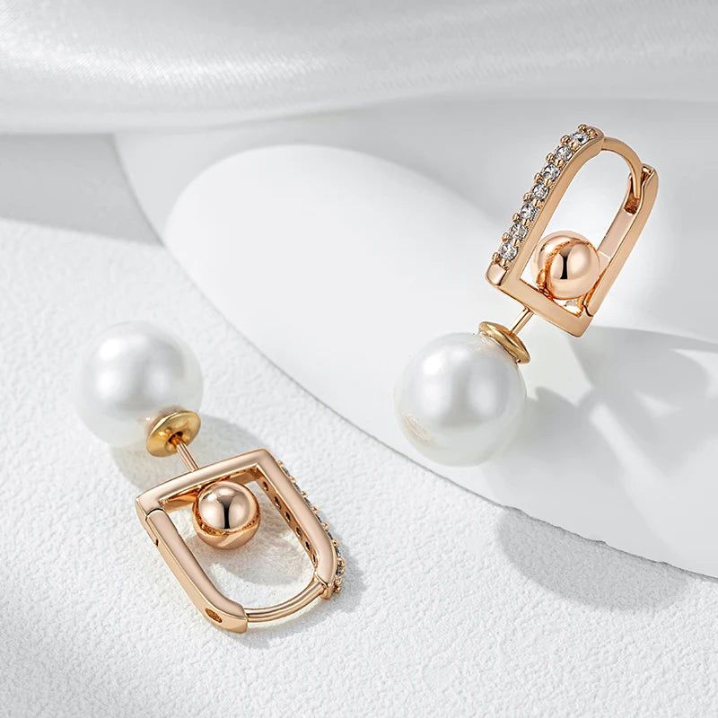 Glamorous Geometric Pearl Long Drop Earrings in Rose Gold with Natural Zircon