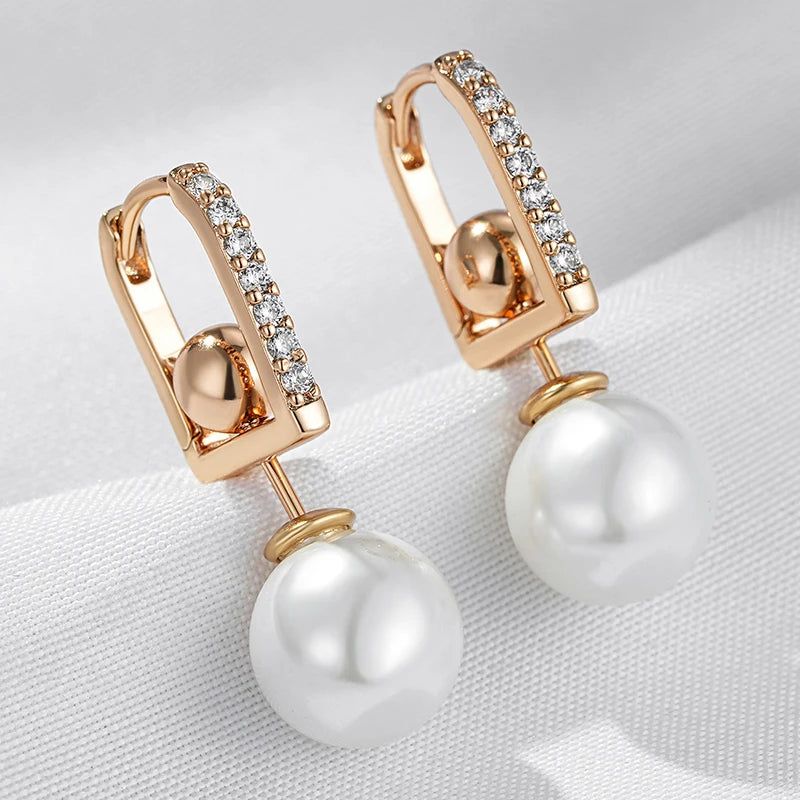 Glamorous Geometric Pearl Long Drop Earrings in Rose Gold with Natural Zircon