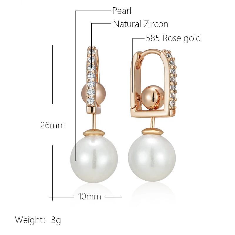 Glamorous Geometric Pearl Long Drop Earrings in Rose Gold with Natural Zircon