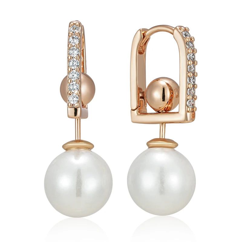 Glamorous Geometric Pearl Long Drop Earrings in Rose Gold with Natural Zircon