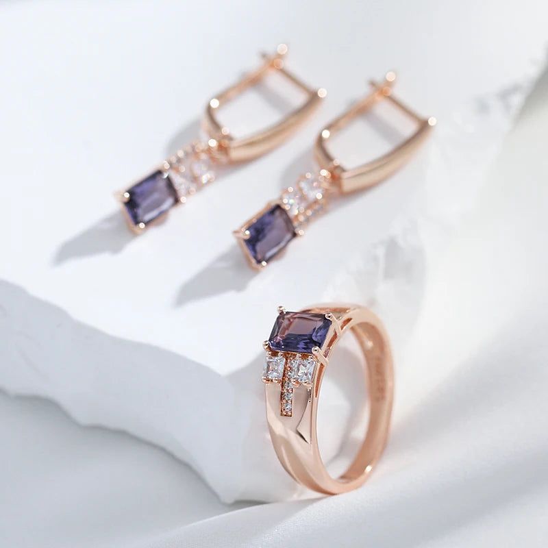 Glamorous Geometric Purple Zircon Rose Gold Cocktail Ring