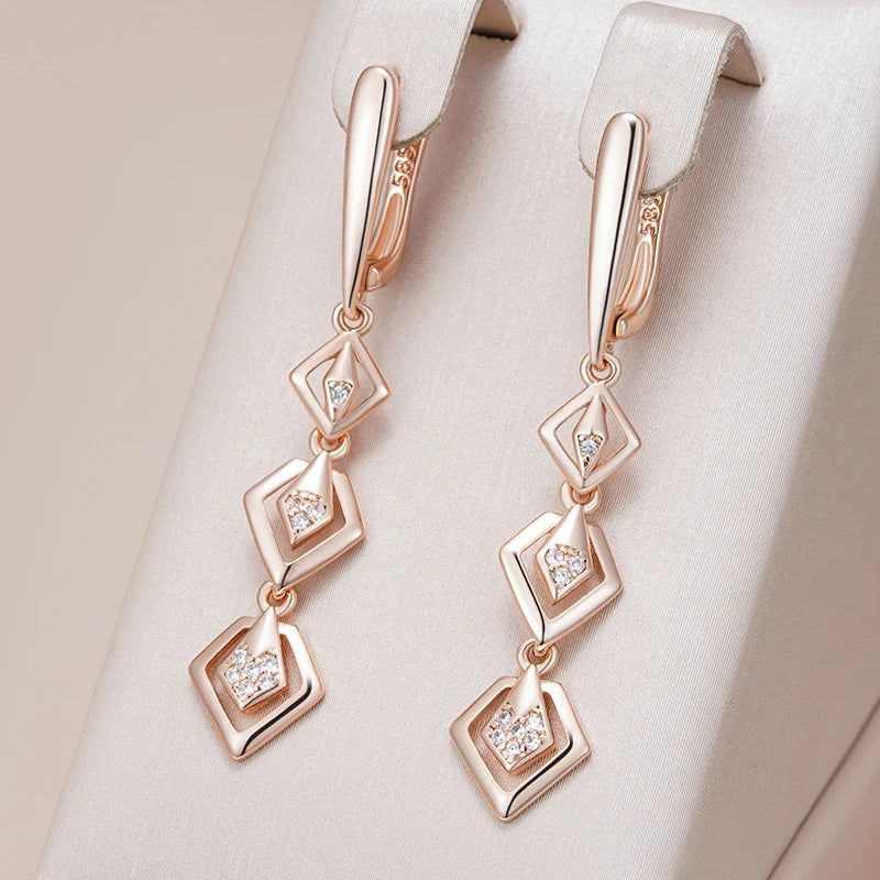 Glamorous Geometric Rose Gold Drop Earrings with Natural Zircon