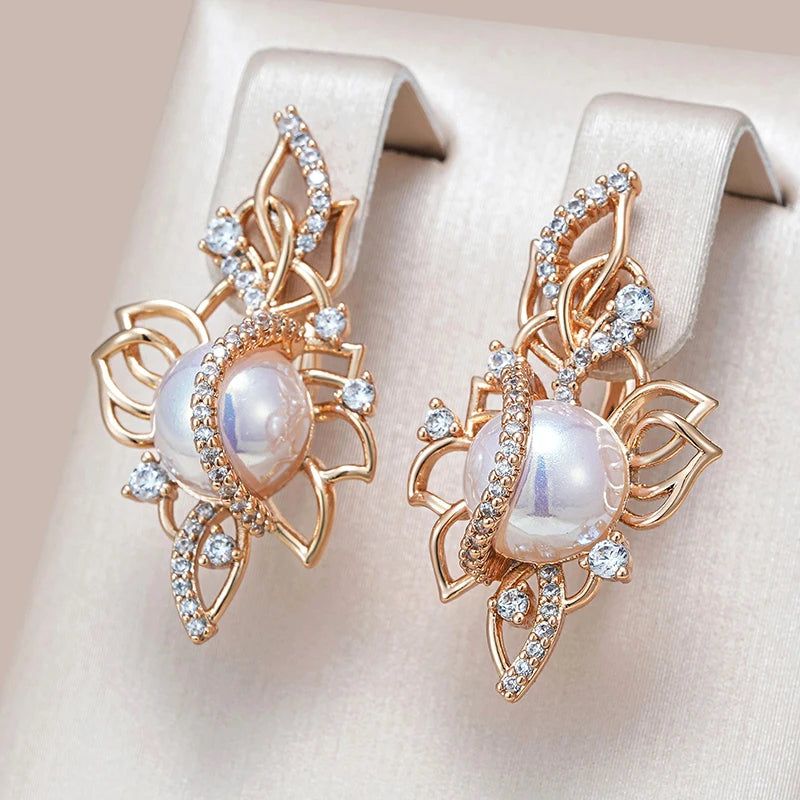 Glamorous Geometric Rose Gold Drop Earrings with Natural Zircon and Pearl for Bridal Glamour