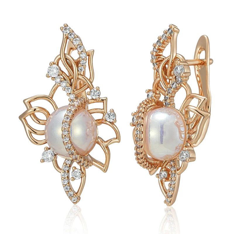 Glamorous Geometric Rose Gold Drop Earrings with Natural Zircon and Pearl for Bridal Glamour