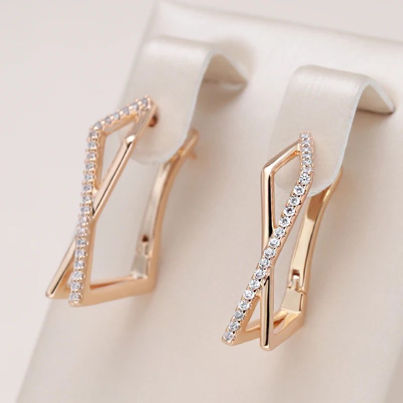 Glamorous Geometric Rose Gold Hoop Earrings with Natural Zircon Accents