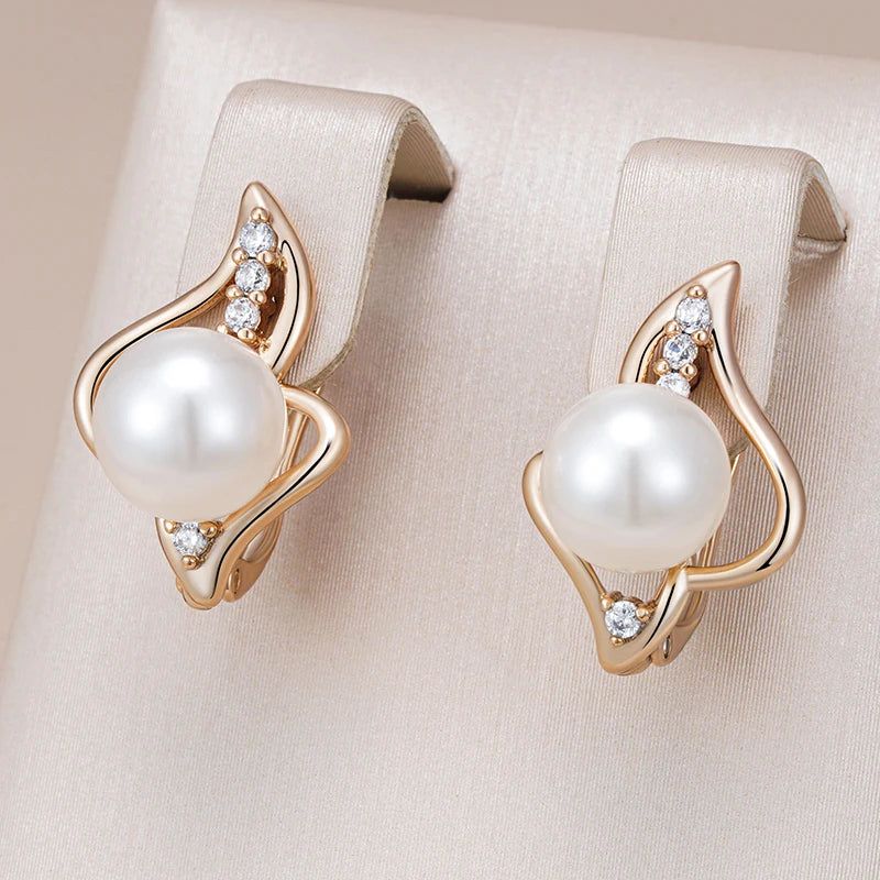 Glamorous Geometric Rose Gold Pearl Earrings with Natural Zircon Accents