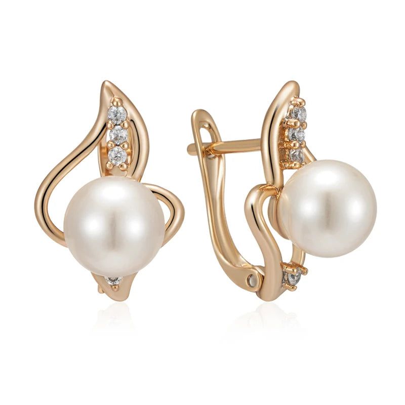 Glamorous Geometric Rose Gold Pearl Earrings with Natural Zircon Accents