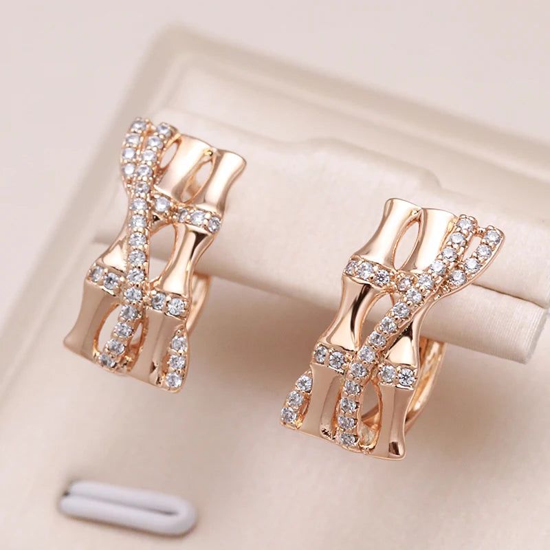 Glamorous Geometric Rose Gold Stud Earrings with Natural Zircon and Micro-Wax Inlay