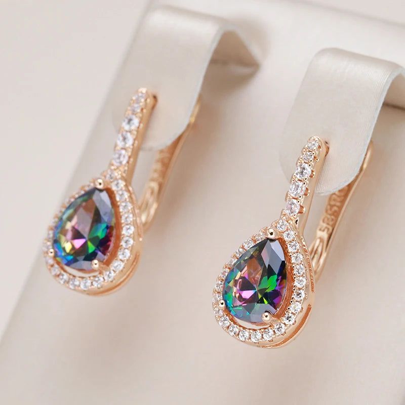 Glamorous Geometric Water Drop Earrings with Colorful Stones in 585 Rose Gold Finish