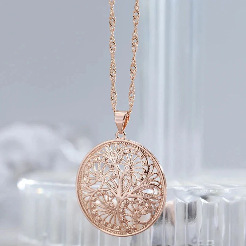 Glamorous Glossy Floral Pendant Necklace in 585 Rose Gold - Unique Big Metal Jewelry