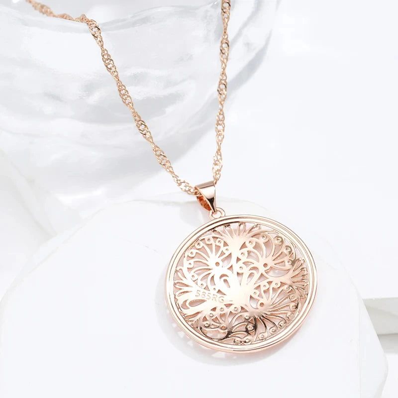 Glamorous Glossy Floral Pendant Necklace in 585 Rose Gold - Unique Big Metal Jewelry