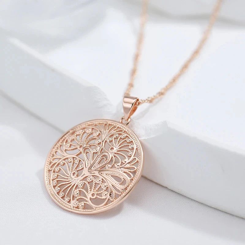 Glamorous Glossy Floral Pendant Necklace in 585 Rose Gold - Unique Big Metal Jewelry