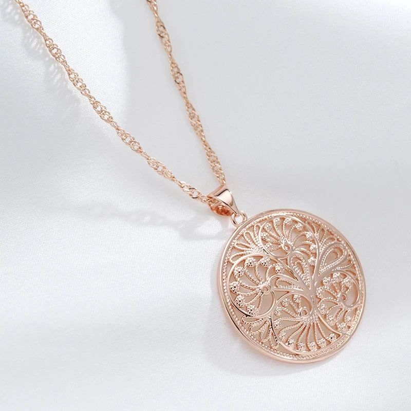 Glamorous Glossy Floral Pendant Necklace in 585 Rose Gold - Unique Big Metal Jewelry