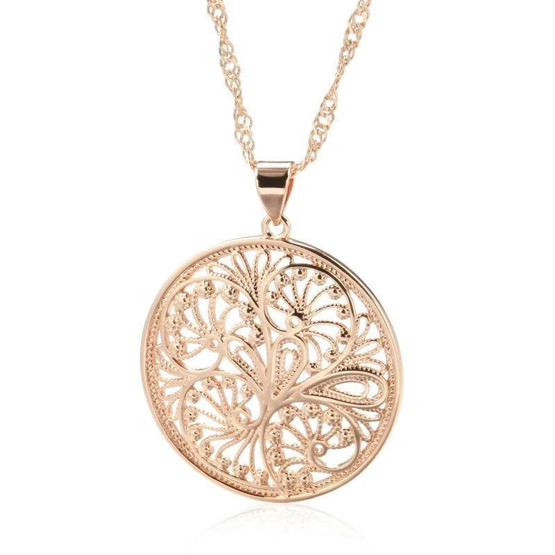 Glamorous Glossy Floral Pendant Necklace in 585 Rose Gold - Unique Big Metal Jewelry