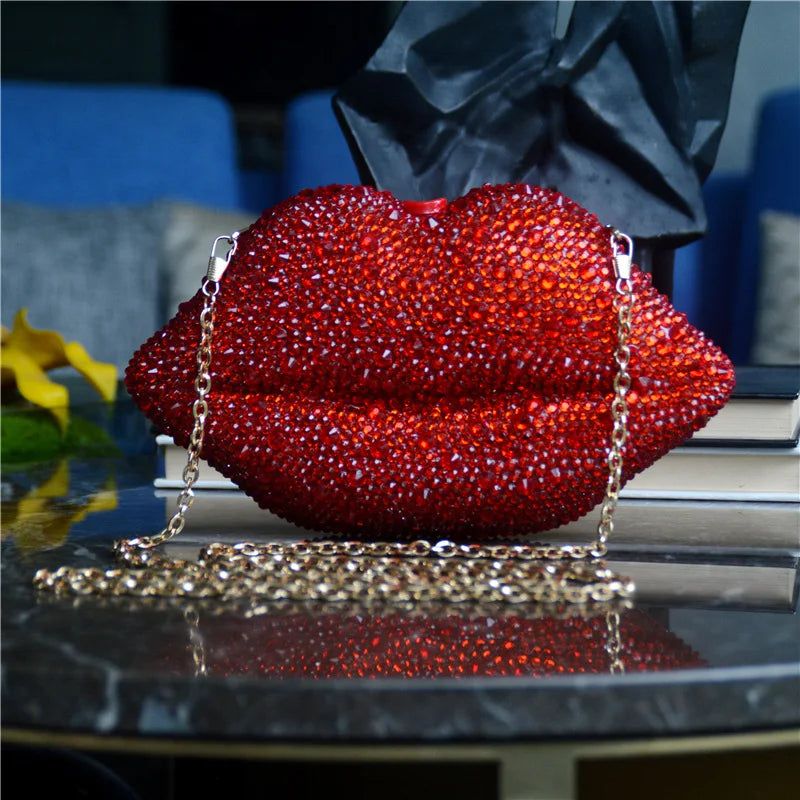 Glamorous Handmade Red Lip Clutch with Diamond Accents for Weddings and Evening Events