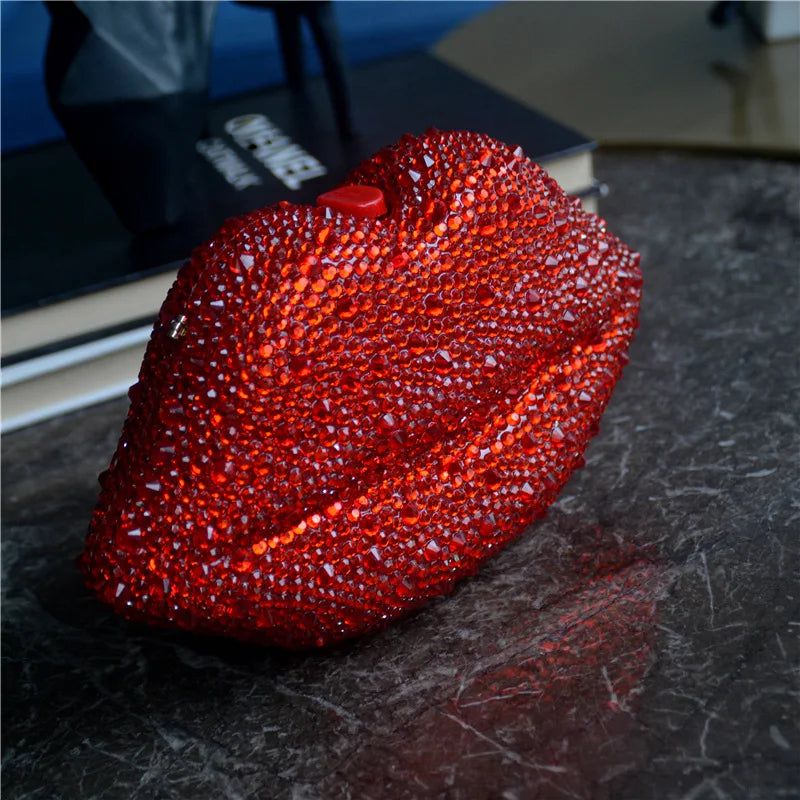 Glamorous Handmade Red Lip Clutch with Diamond Accents for Weddings and Evening Events